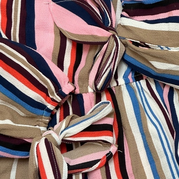 Lulu’s Off the Shoulder, Peplum Ruffled Cuff Bow Tie Cuffs Striped Top - Picture 9 of 13